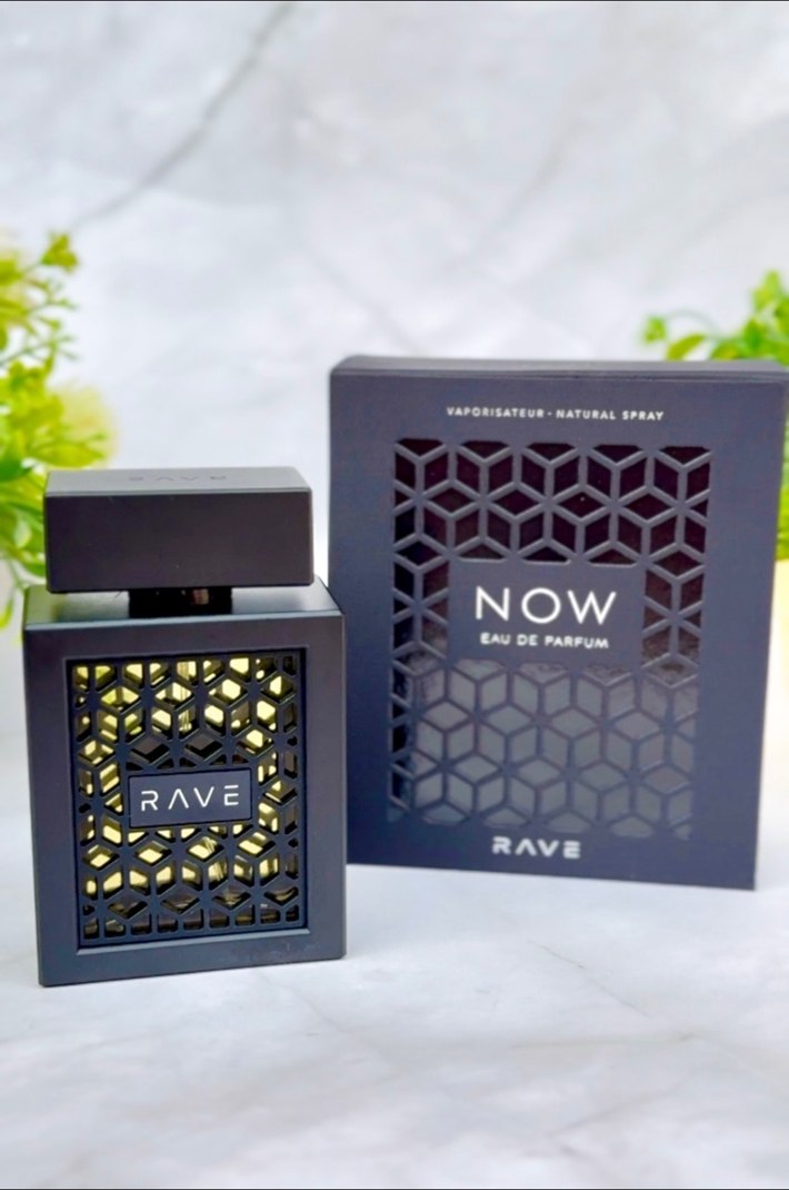 Rave Now perfume bottle and packaging